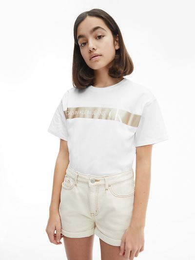 Calvin Klein Ruhák HU267096 | Calvin Klein Organic Cotton Metallic Logo Lány Póló Világos Fehér